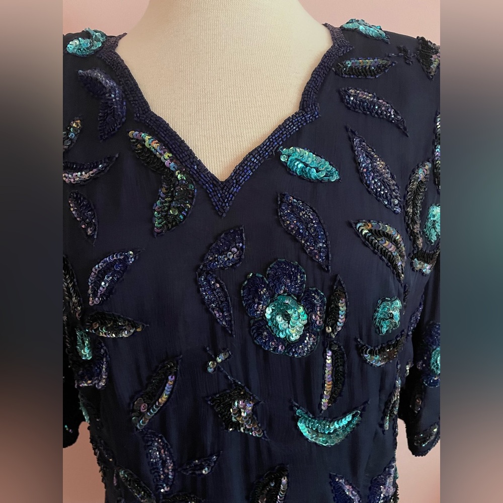 Vintage Frank Usher Silk Navy Sequin Floral Top - Picture 3 of 9